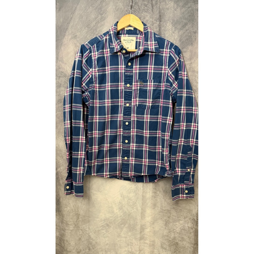 Abercrombie & Fitch Mens‎ Muscle Fit Plaid Button Down Shirt Navy Pink Medium